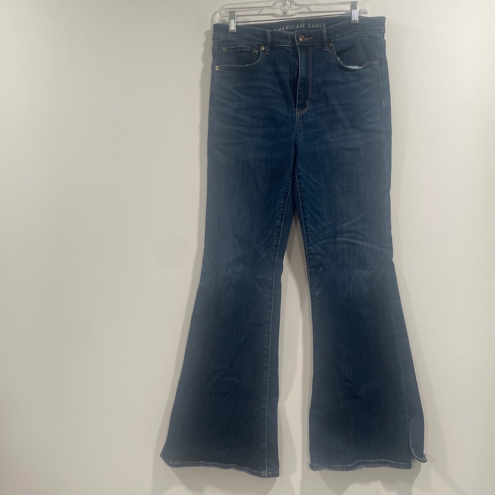 American Eagle Super Hi-Rise Flare Jeans‎ Dark Wash Stretch Size 12 31x29